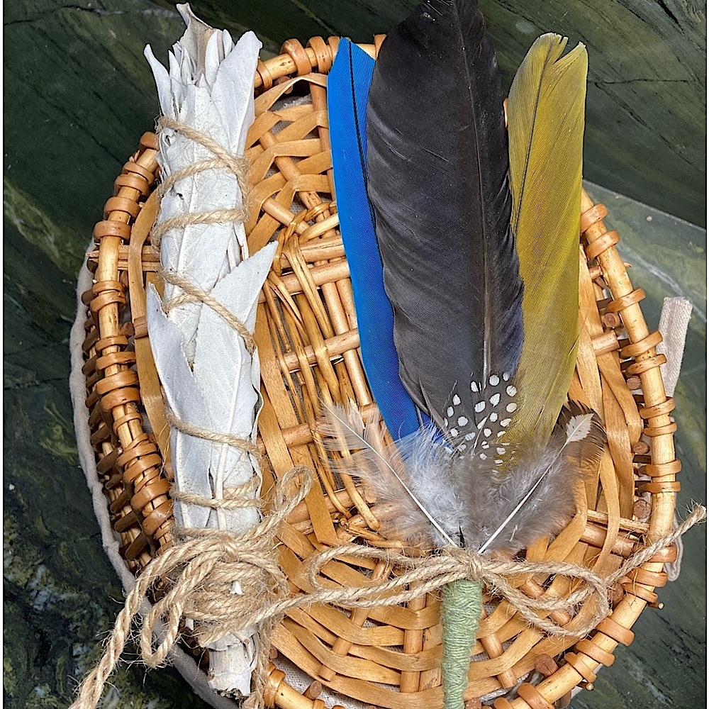 Balance Gift Set Handmade Feather Fan Art and White Sage New